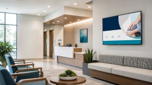 Modern medical practice waiting room with a wall-mounted TV displaying patient education content
